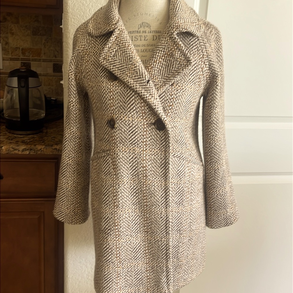 EUC J.Crew tan and brown tweed oversized button-down preppy old money pea coat - Picture 10 of 10